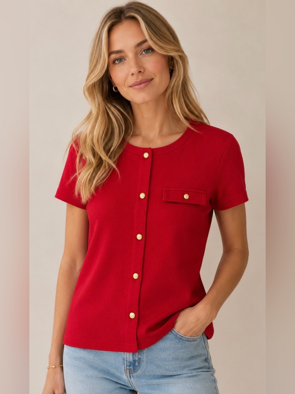Classic Red Rib Short-Sleeve Faux Button Front Top (New/Unworn)